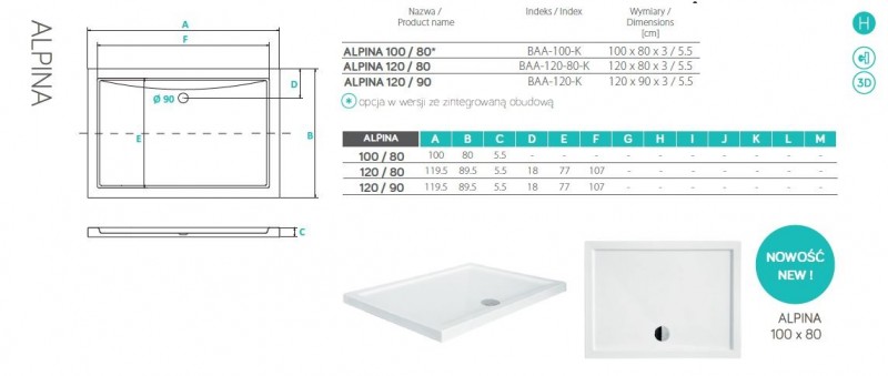 BESCO Alpina brodzik prostokątny 100x80 biały BAA-100-K