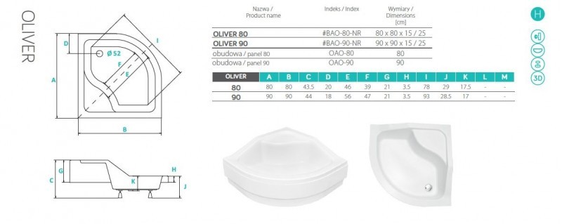 PMD Piramida Oliver brodzik półokrągły 90x90 biały BAO-90-NR