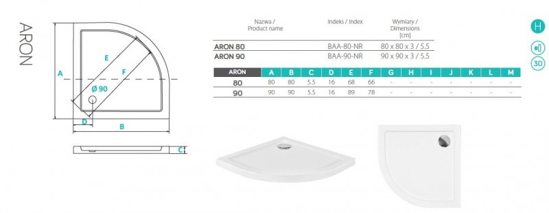 BESCO Aron brodzik półokrągły 80x80 biały BAA-80-NR