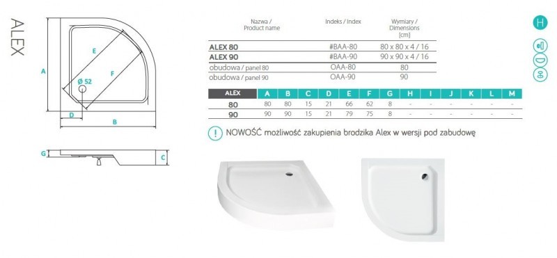 PMD Piramida Alex brodzik półokrągły 90x90 z obudową biały BAA-90