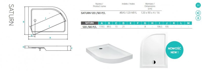 PMD Piramida Saturn brodzik półokrągły lewy 120x90 z obudową biały BAS-120-NL