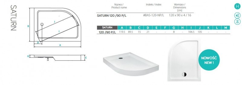 PMD Piramida Saturn brodzik półokrągły prawy 120x90 z obudową biały BAS-120-NP