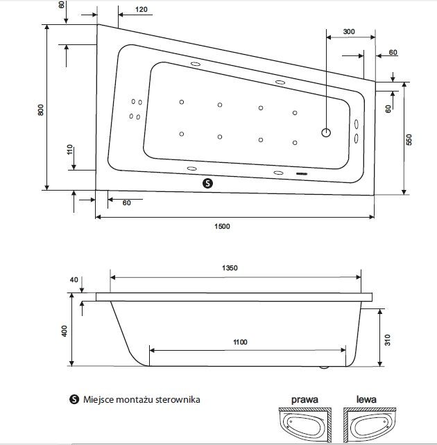 Excellent Ava Side wanna asymetryczna lewa 150x80 z nogami WAAC.AVL15WH