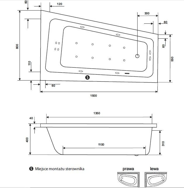 Excellent Ava Side wanna asymetryczna prawa 150x80 z nogami WAAC.AVP15WH