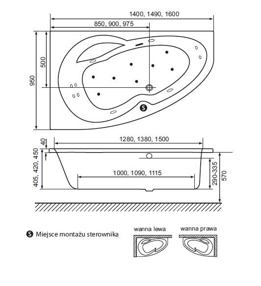 Excellent Newa Plus wanna asymetryczna 160x95 z nogami lewa WAAC.NEL16WH