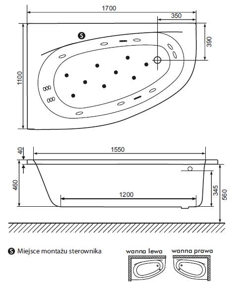 Excellent Kameleon wanna asymetryczna 170x110 prawa z nogami WAEX.KMP17WH