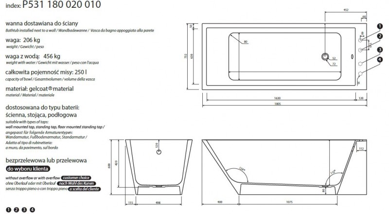 Marmorin Tebe II wanna wolnostojąca 180x73 Mineralicast P 531 180 020 010