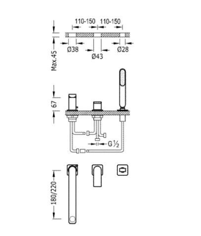 Tres Loft bateria wannowa trzyotworowa wylewka 22cm chrom 200.162.01