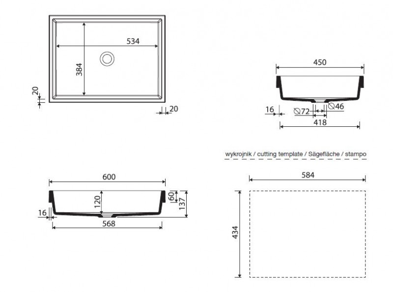 Marmorin Teo 60 umywalka wpuszczana w blat 60cm Mineralicast 649 060 020 010