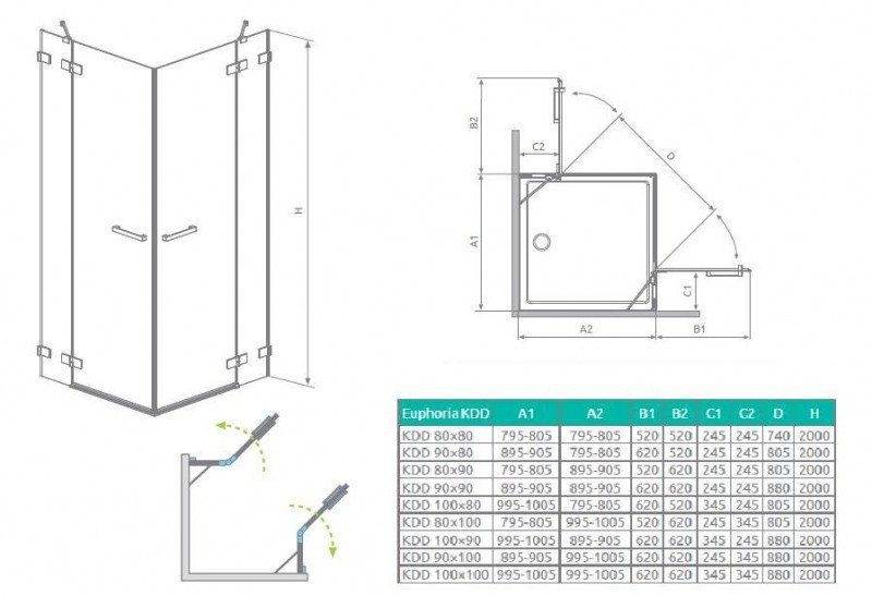 Radaway Euphoria KDD kabina prostokątna 90x80 drzwi otwierane chrom przeźroczyste Easy Clean 383060-01L + 383061-01R