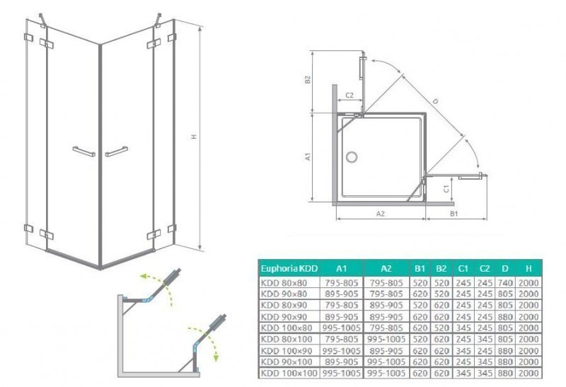 Radaway Euphoria KDD kabina prostokątna 100x90 drzwi otwierane chrom przeźroczyste Easy Clean 383062-01L + 383061-01R