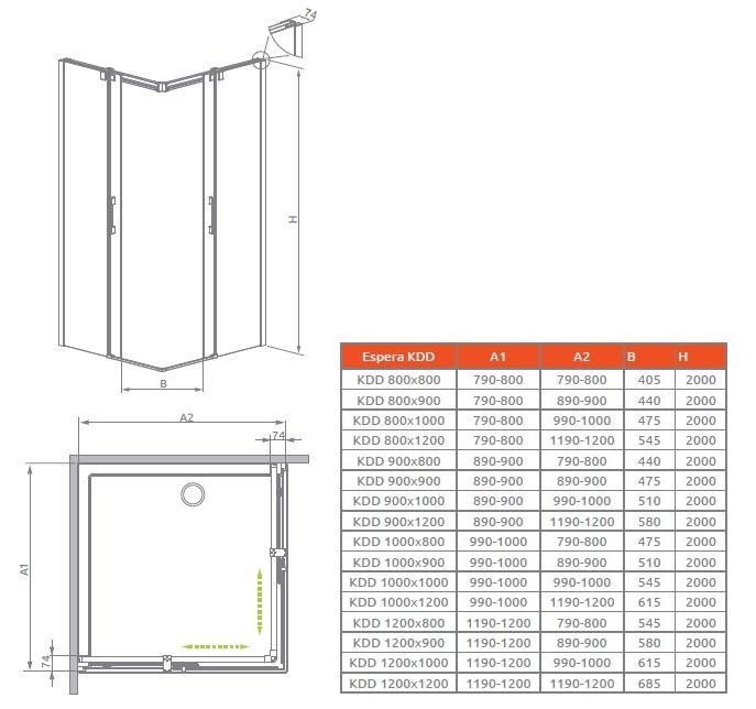 Radaway Espera KDD kabina prostokątna 80x90 drzwi przesuwne chrom przeźroczyste Easy Clean 380150-01L + 380151-01R
