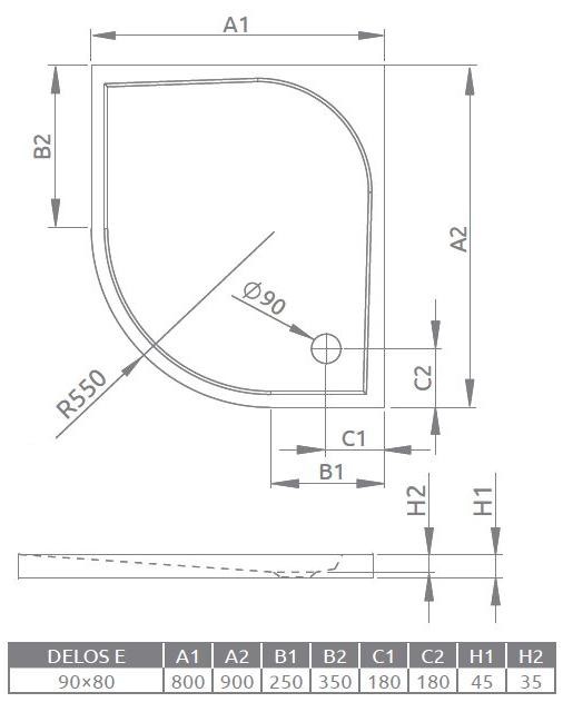 Radaway Delos E brodzik półokrągły asymetryczny 90x80 lewy SDE9080-01L
