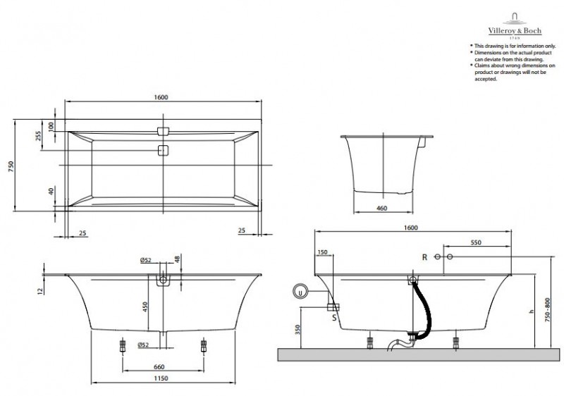Villeroy&Boch Squaro Edge 12 Duo wanna prostokątna 160x75 biała weiss alpin UBQ160SQE2DV-01