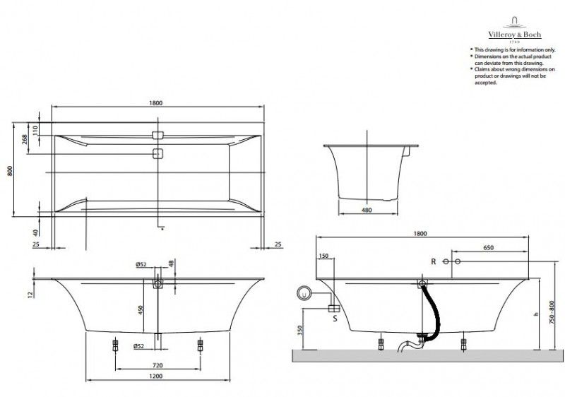 Villeroy&Boch Squaro Edge 12 Duo wanna prostokątna 180x80 biała weiss alpin UBQ180SQE2DV-01