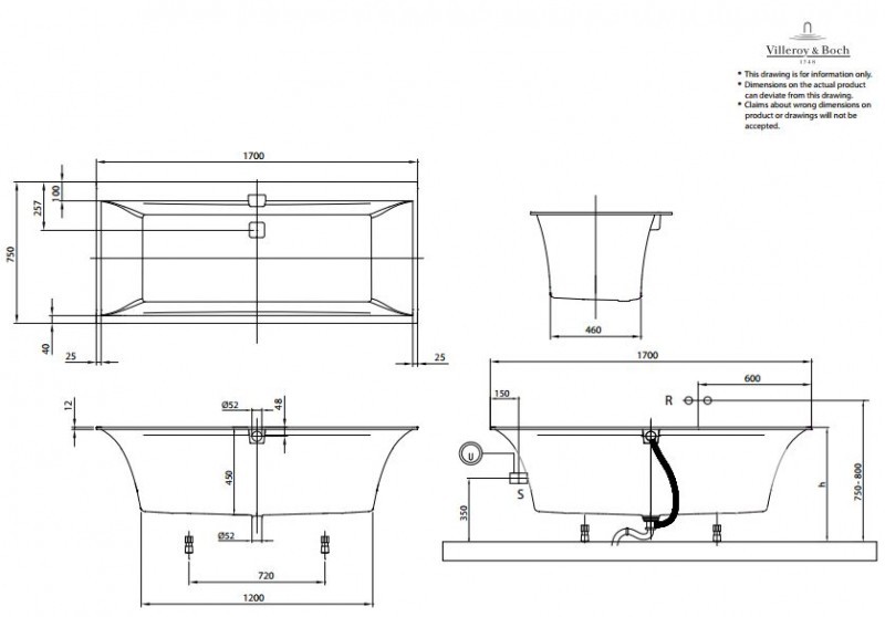 Villeroy&Boch Squaro Edge 12 Duo wanna prostokątna 170x75 biała weiss alpin UBQ170SQE2DV-01