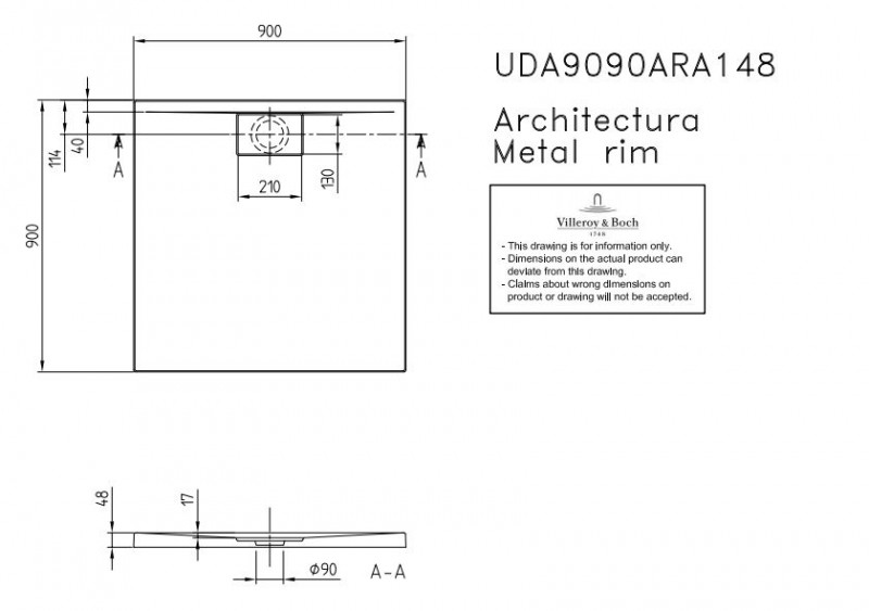 Villeroy&Boch Architectura Metalrim brodzik kwadratowy 90x90 biały weiss alpin UDA 9090 ARA 148GV-01