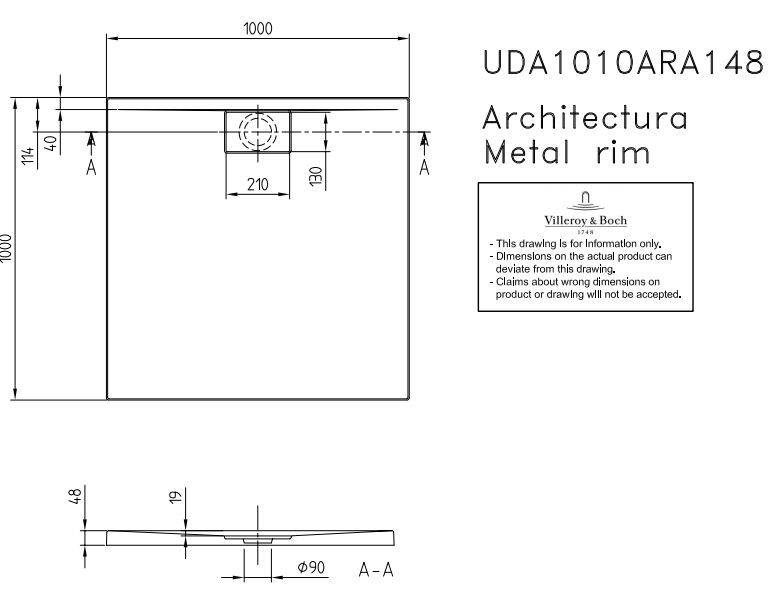 Villeroy&Boch Architectura Metalrim brodzik kwadratowy 100x100 biały weiss alpin UDA 1010 ARA 148GV-01