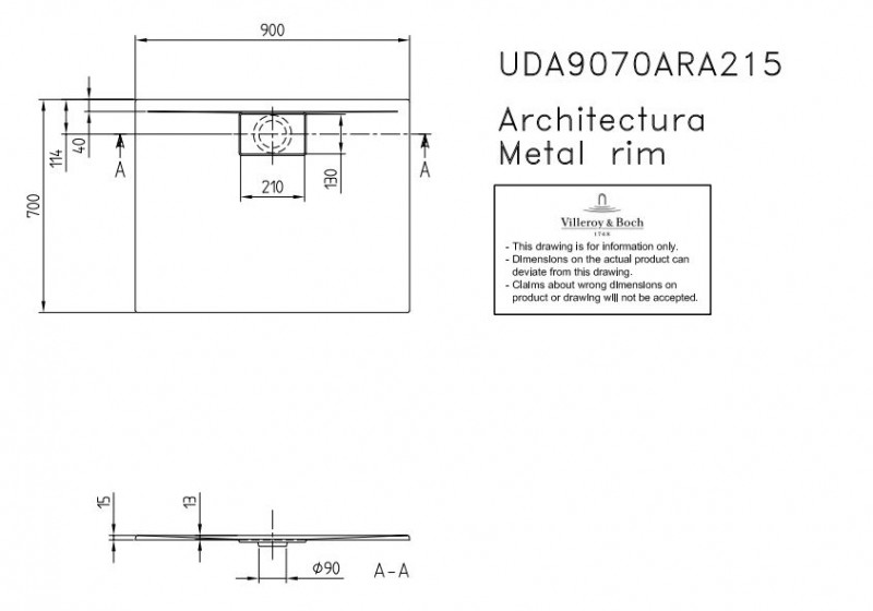 Villeroy&Boch Architectura Metalrim brodzik prostokątny 90x70 biały weiss alpin UDA 9070 ARA 215GV-01