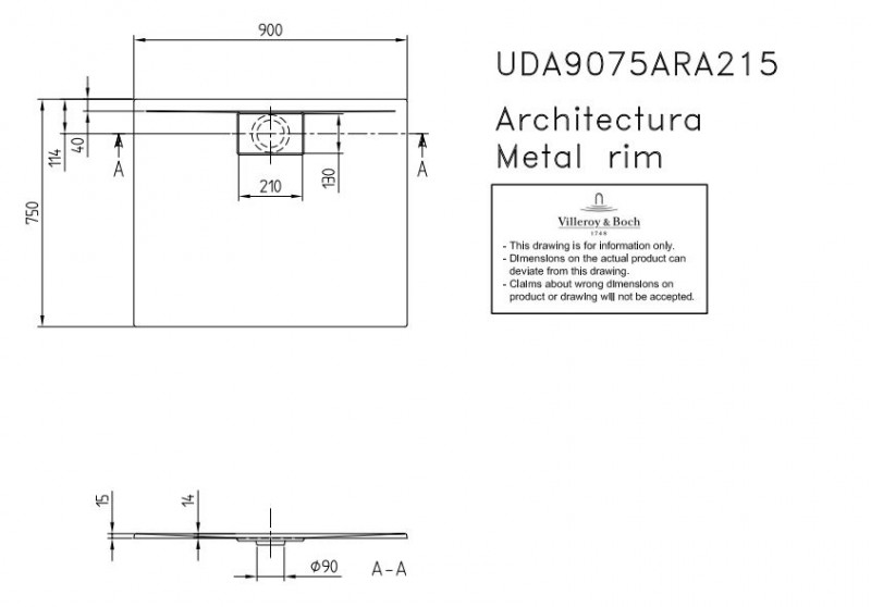 Villeroy&Boch Architectura Metalrim brodzik prostokątny 90x75 biały weiss alpin UDA 9075 ARA 215GV-01