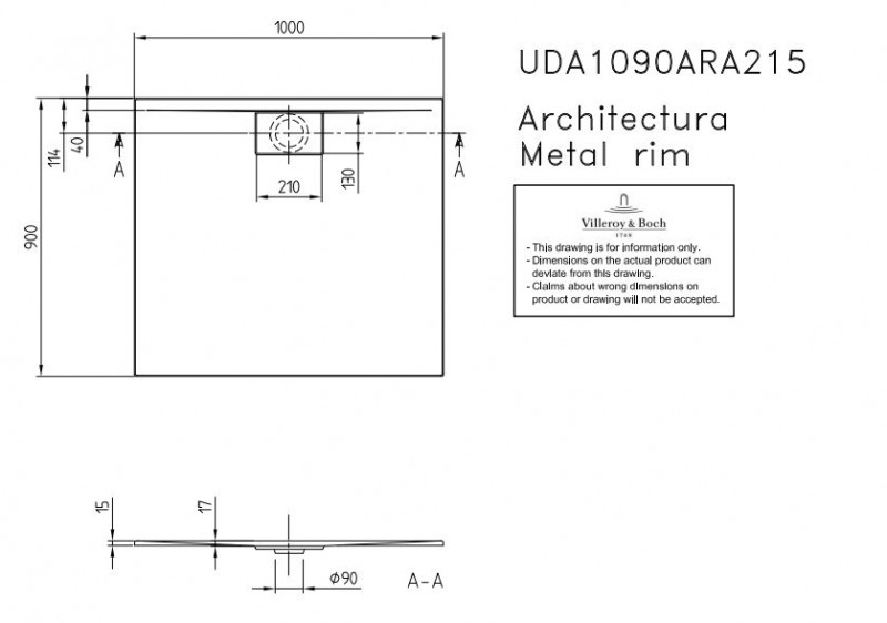 Villeroy&Boch Architectura Metalrim brodzik prostokątny 100x90 biały weiss alpin UDA 1090 ARA 215V-01