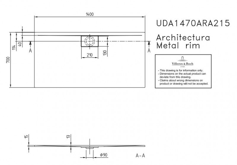 Villeroy&Boch Architectura Metalrim brodzik prostokątny 140x70 biały weiss alpin UDA 1470 ARA 215V-01
