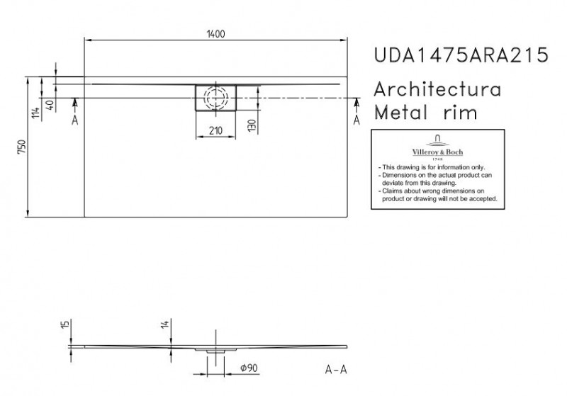 Villeroy&Boch Architectura Metalrim brodzik prostokątny 140x75 biały weiss alpin UDA 1475 ARA 215V-01
