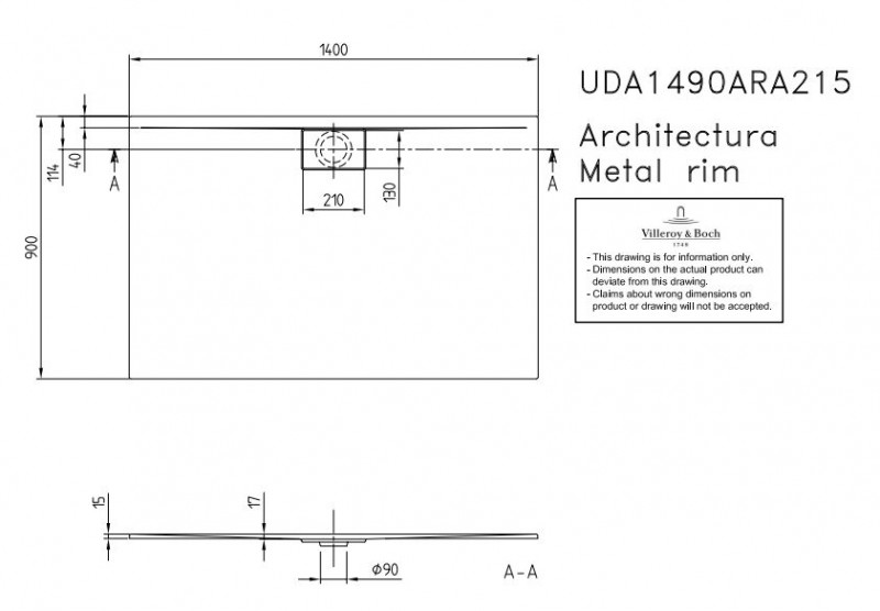 Villeroy&Boch Architectura Metalrim brodzik prostokątny 140x90 biały weiss alpin UDA 1490 ARA 215V-01