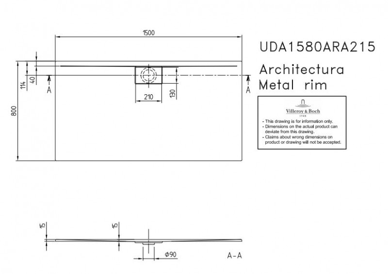 Villeroy&Boch Architectura Metalrim brodzik prostokątny 150x80 biały weiss alpin UDA 1580 ARA 215V-01