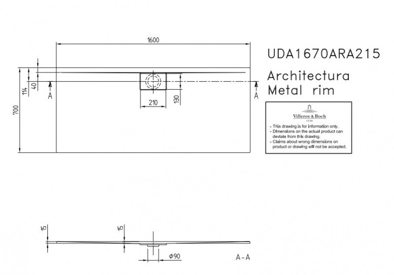 Villeroy&Boch Architectura Metalrim brodzik prostokątny 160x70 biały weiss alpin UDA 1670 ARA 215GV-01