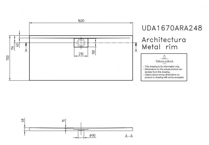Villeroy&Boch Architectura Metalrim brodzik prostokątny 160x75 biały weiss alpin UDA 1675 ARA 215V-01