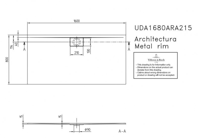 Villeroy&Boch Architectura Metalrim brodzik prostokątny 160x80 biały weiss alpin UDA 1680 ARA 215GV-01