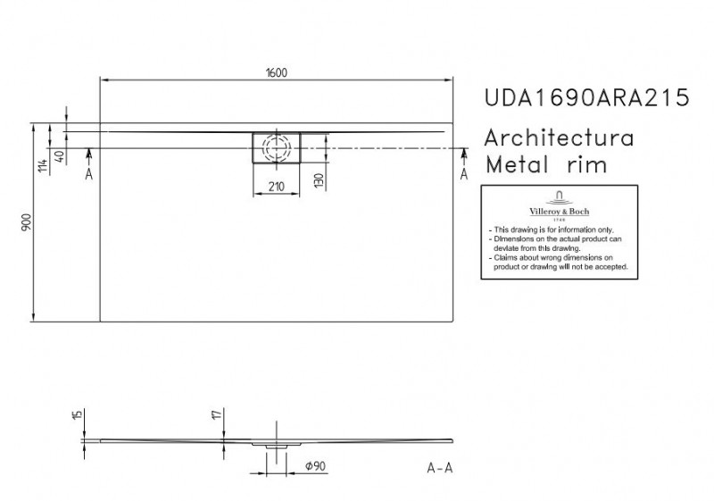 Villeroy&Boch Architectura Metalrim brodzik prostokątny 160x90 biały weiss alpin UDA 1690 ARA 215V-01