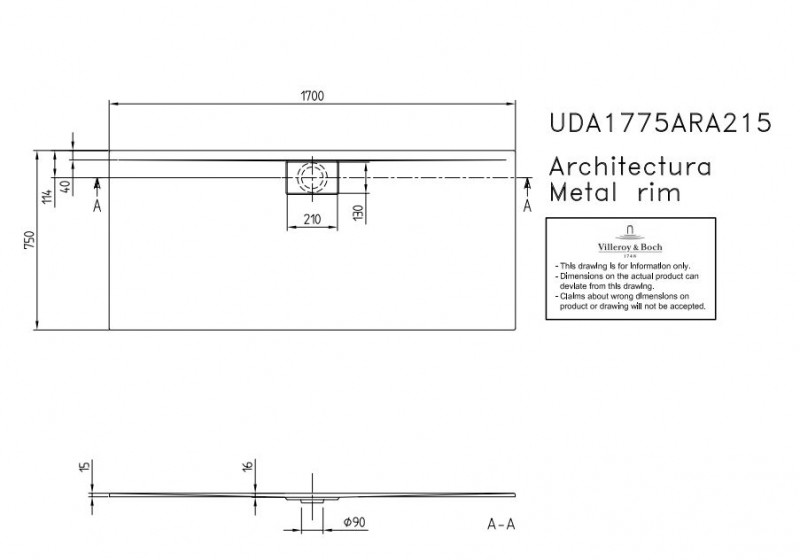 Villeroy&Boch Architectura Metalrim brodzik prostokątny 170x75 biały weiss alpin UDA 1775 ARA 215GV-01