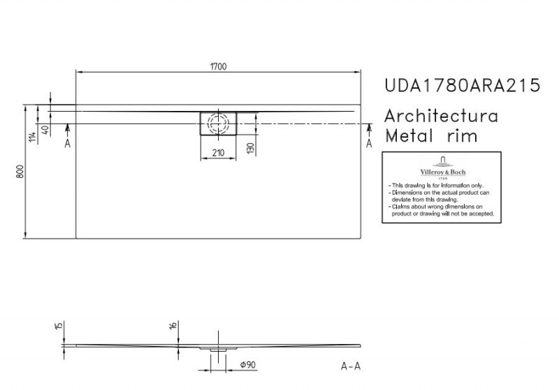 Villeroy&Boch Architectura Metalrim brodzik prostokątny 170x80 biały weiss alpin UDA 1780 ARA 215GV-01