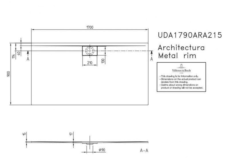 Villeroy&Boch Architectura Metalrim brodzik prostokątny 170x90 biały weiss alpin UDA 1790 ARA 215V-01