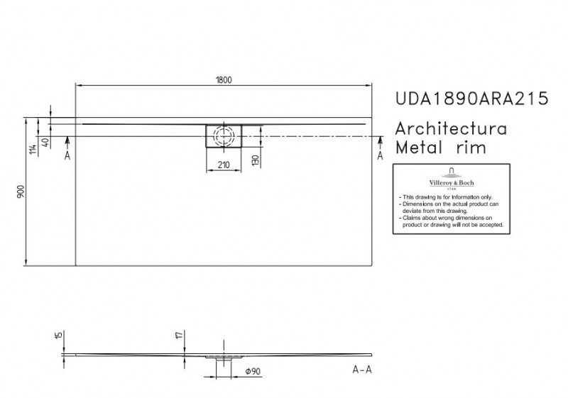 Villeroy&Boch Architectura Metalrim brodzik prostokątny 180x90 biały weiss alpin UDA 1890 ARA 215GV-01