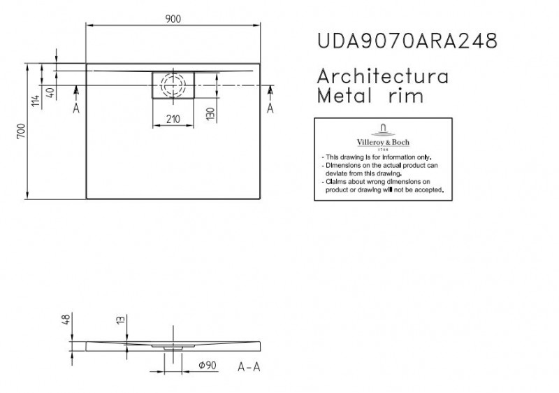 Villeroy&Boch Architectura Metalrim brodzik prostokątny 90x70 biały weiss alpin UDA 9070 ARA 248GV-01