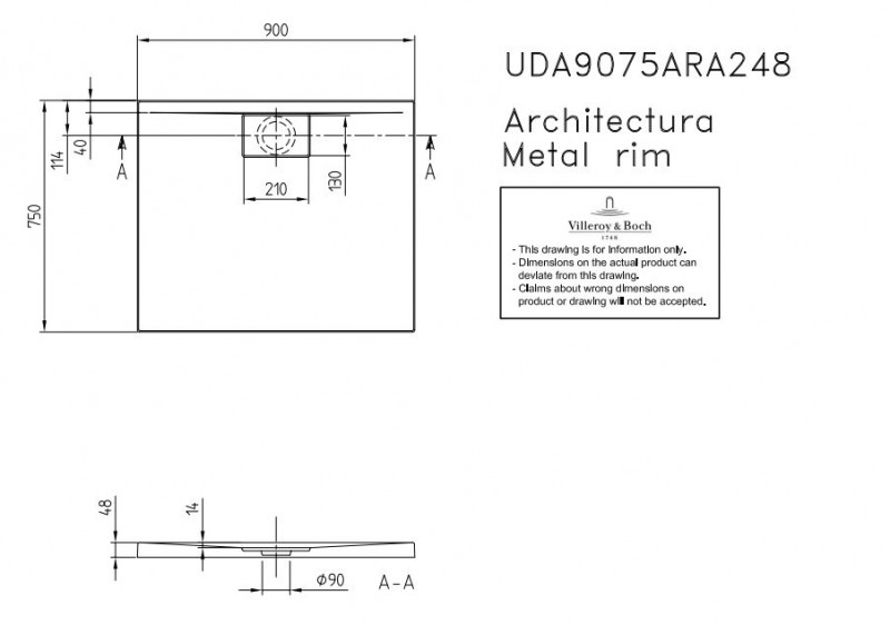 Villeroy&Boch Architectura Metalrim brodzik prostokątny 90x75 biały weiss alpin UDA 9075 ARA 248V-01
