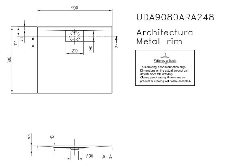 Villeroy&Boch Architectura Metalrim brodzik prostokątny 90x80 biały weiss alpin UDA 9080 ARA 248GV-01