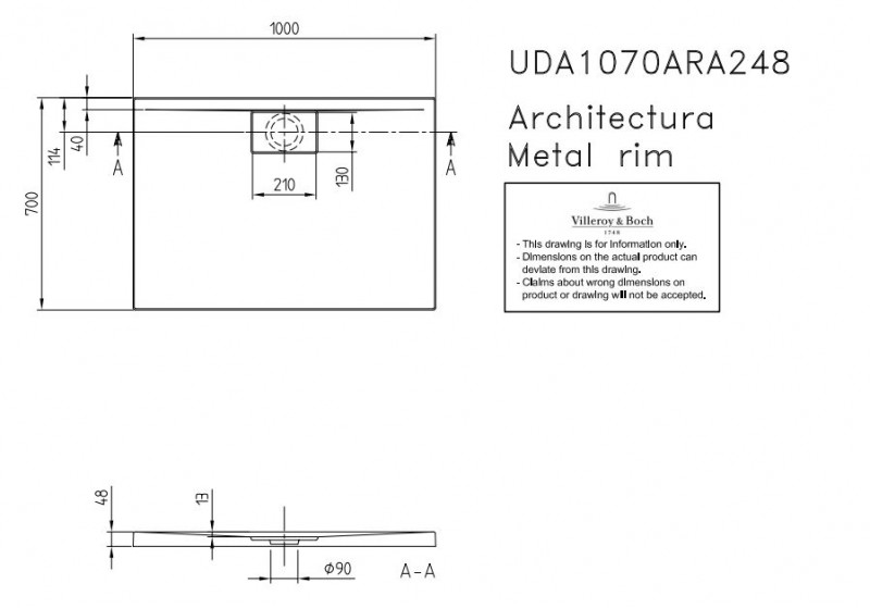 Villeroy&Boch Architectura Metalrim brodzik prostokątny 100x70 biały weiss alpin UDA 1070 ARA 248GV-01