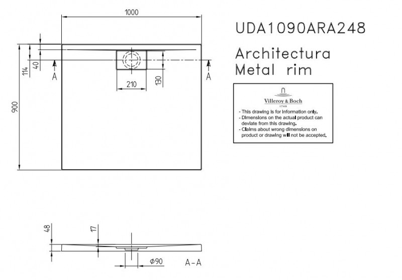 Villeroy&Boch Architectura Metalrim brodzik prostokątny 100x90 biały weiss alpin UDA 1090 ARA 248V-01