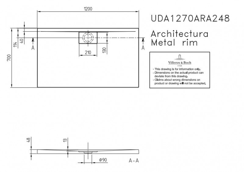 Villeroy&Boch Architectura Metalrim brodzik prostokątny 120x70 biały weiss alpin UDA 1270 ARA 248V-01