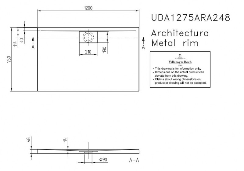 Villeroy&Boch Architectura Metalrim brodzik prostokątny 120x75 biały weiss alpin UDA 1275 ARA 248V-01