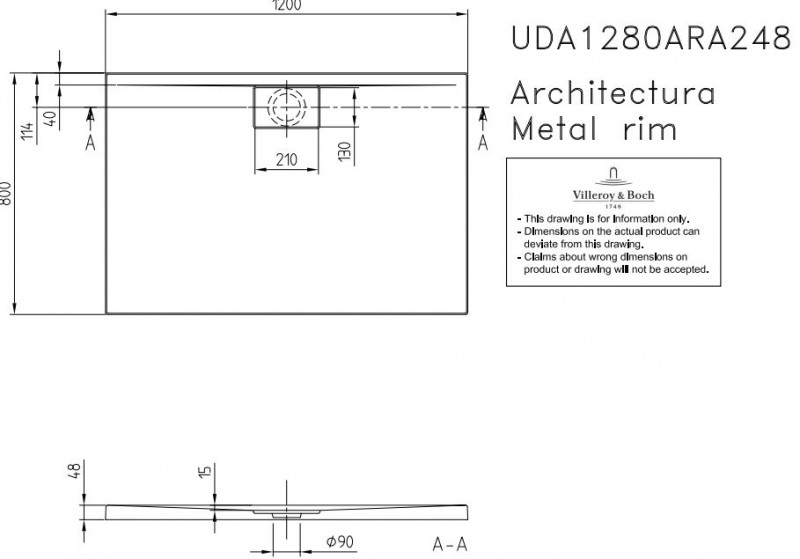 Villeroy&Boch Architectura Metalrim brodzik prostokątny 120x80 biały weiss alpin UDA 1280 ARA 248V-01