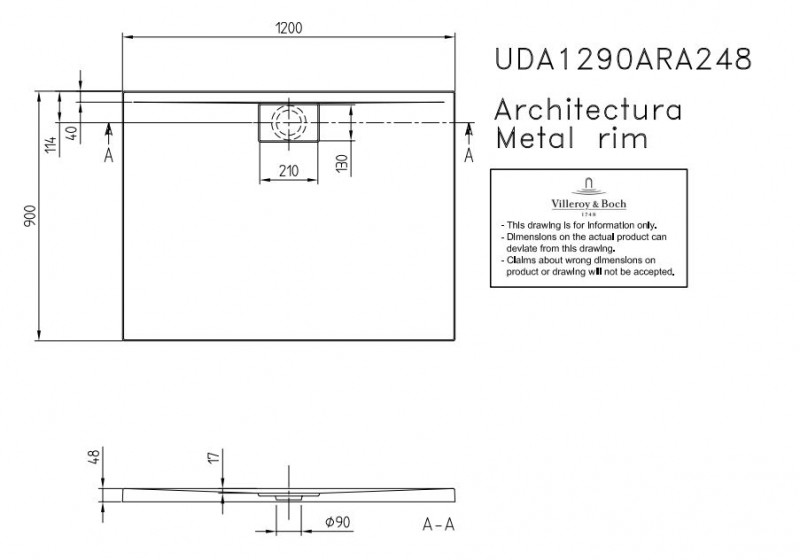 Villeroy&Boch Architectura Metalrim brodzik prostokątny 120x90 biały weiss alpin UDA 1290 ARA 248GV-01