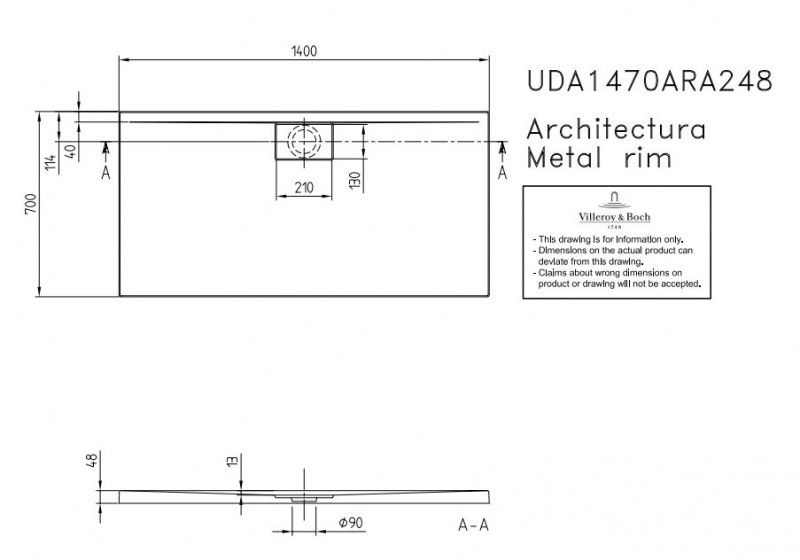 Villeroy&Boch Architectura Metalrim brodzik prostokątny 140x70 biały weiss alpin UDA 1470 ARA 248GV-01