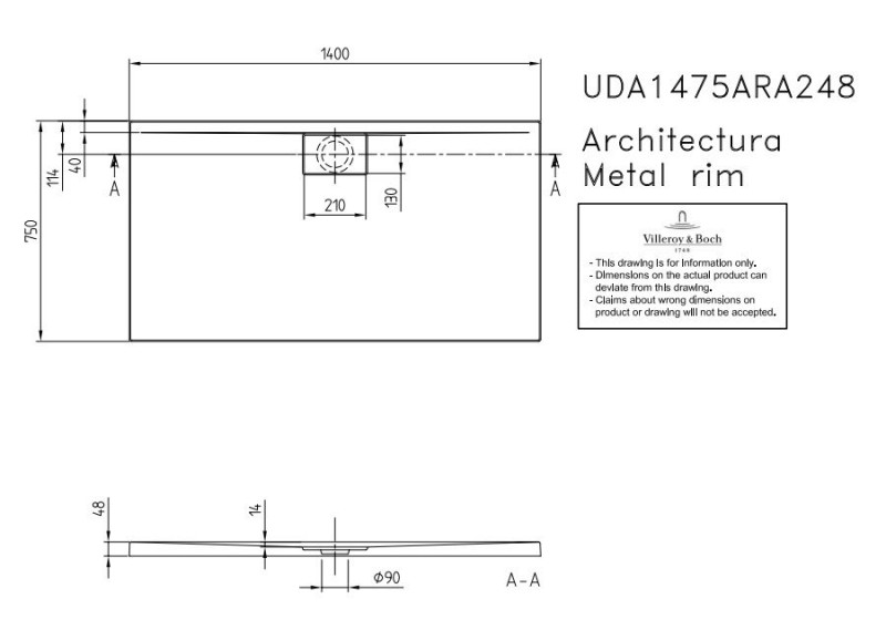 Villeroy&Boch Architectura Metalrim brodzik prostokątny 140x75 biały weiss alpin UDA 1475 ARA 248V-01