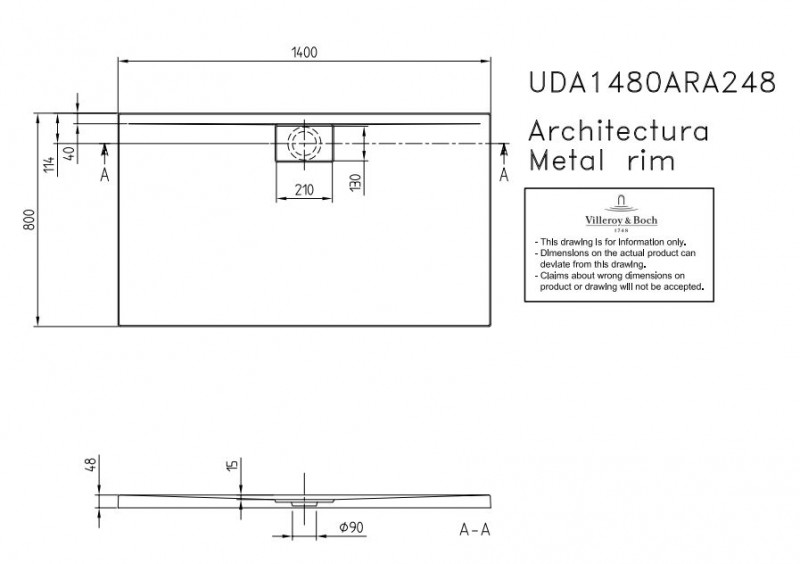 Villeroy&Boch Architectura Metalrim brodzik prostokątny 140x80 biały weiss alpin UDA 1480 ARA 248GV-01
