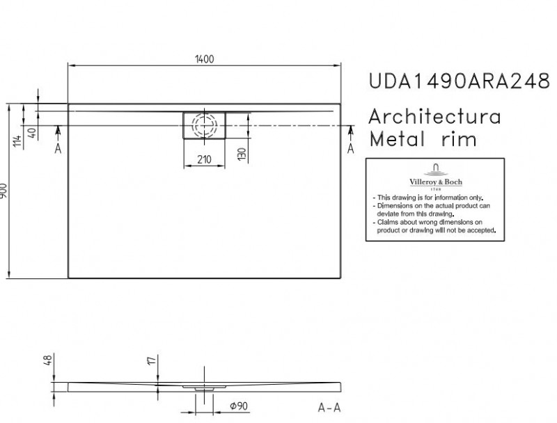 Villeroy&Boch Architectura Metalrim brodzik prostokątny 140x90 biały weiss alpin UDA 1490 ARA 248V-01